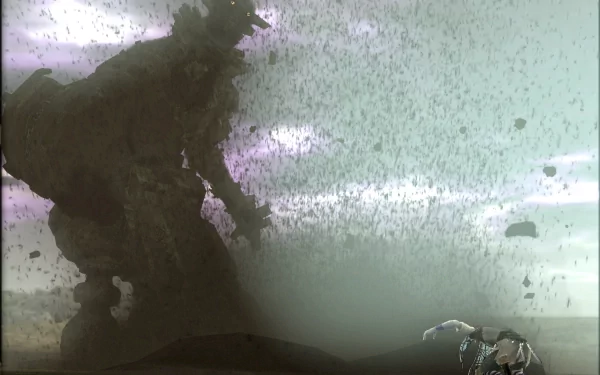 A HD desktop wallpaper from the video game Shadow of the Colossus, featuring a towering colossus and a lone warrior facing off in a dramatic, dust-filled landscape.