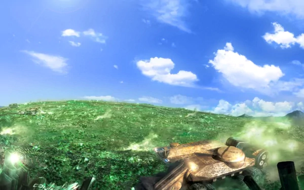 A vibrant HD wallpaper featuring a vast landscape covered in green Tiberium, with a tank in the foreground, inspired by the Command & Conquer: Tiberium Wars video game.