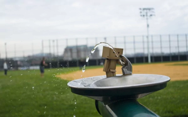 HD desktop wallpaper featuring a whimsical Danbo figure reaching up to drink from a water fountain in a park, with a baseball field and fence in the background.