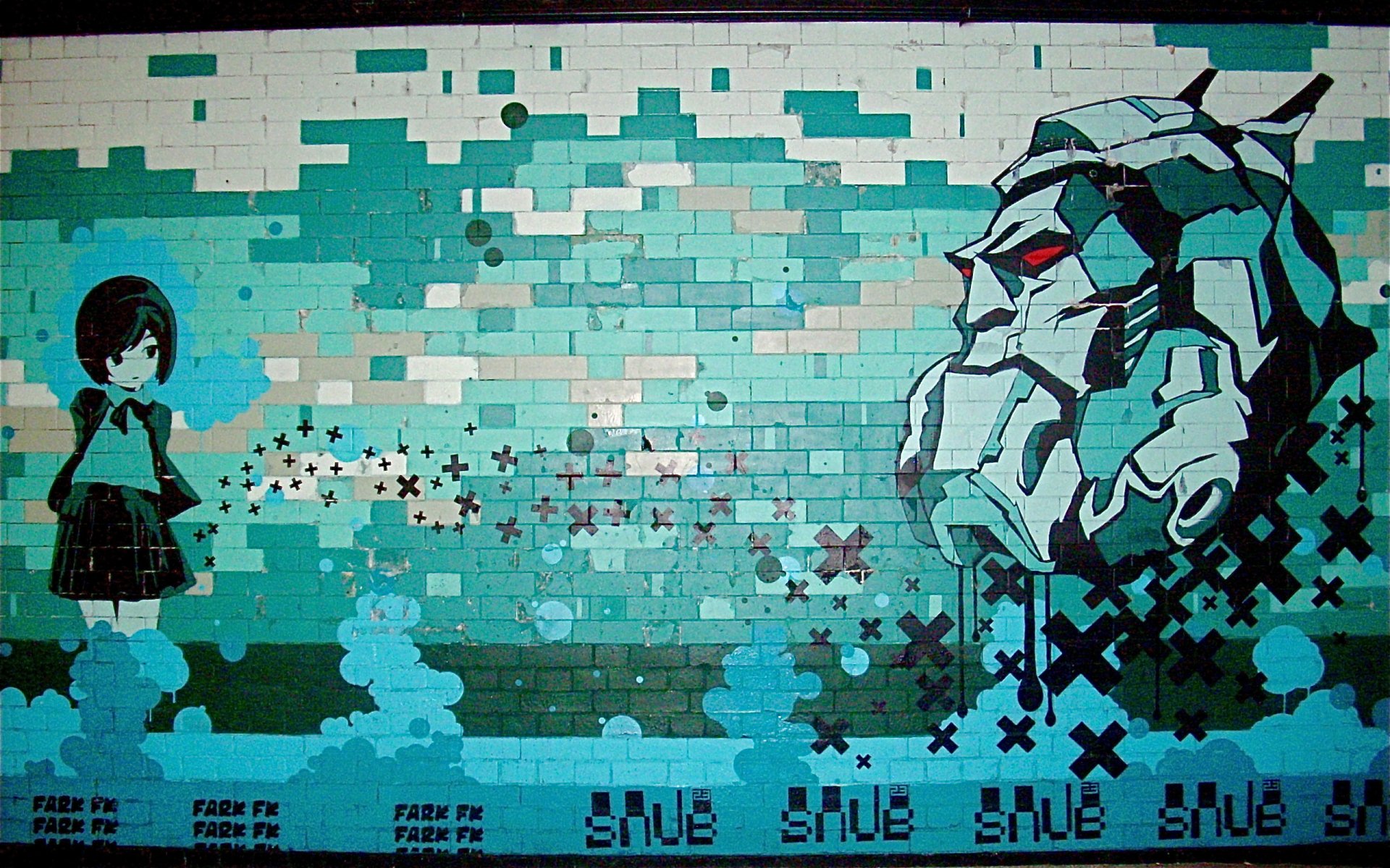 Artistic graffiti on a brick wall, depicting a girl and a robotic statue face, presented as an HD PC desktop wallpaper with a teal and blue color scheme.