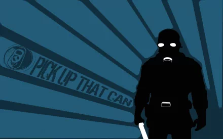 HD PC desktop wallpaper featuring a stylized Half-Life 2 character silhouette with glowing eyes against a blue radial background and the phrase PICK UP THAT CAN.