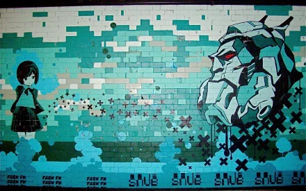Artistic graffiti on a brick wall, depicting a girl and a robotic statue face, presented as an HD PC desktop wallpaper with a teal and blue color scheme.