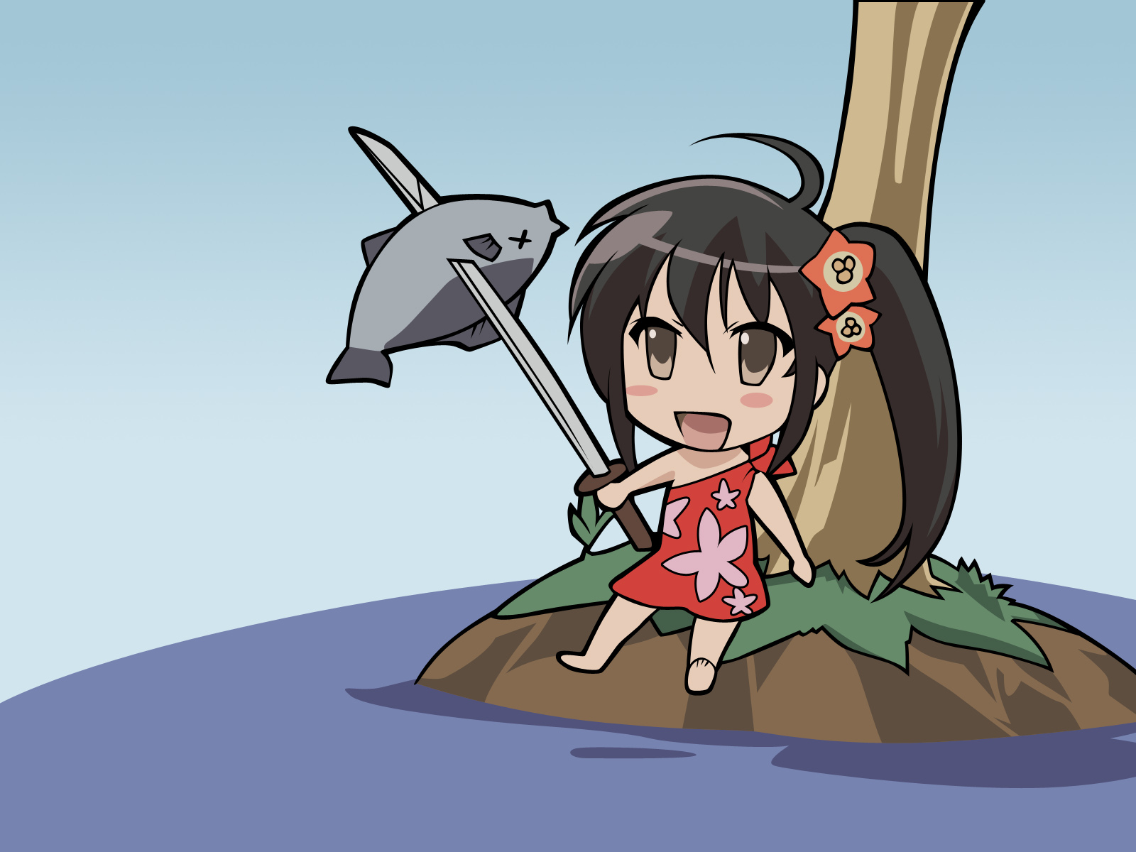 Chibi Shana-tan holding a sword on an island with a fish
