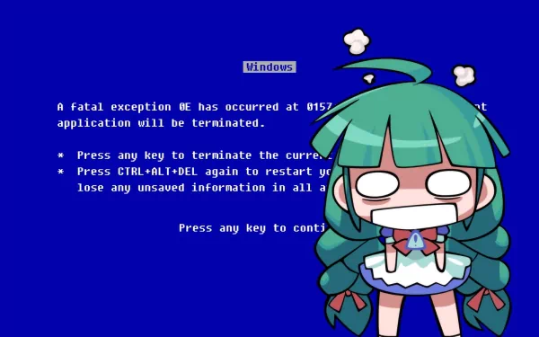 Anime character Os-tan appears alongside a Windows error message on a vibrant blue screen, creating a whimsical contrast in this HD PC desktop wallpaper.