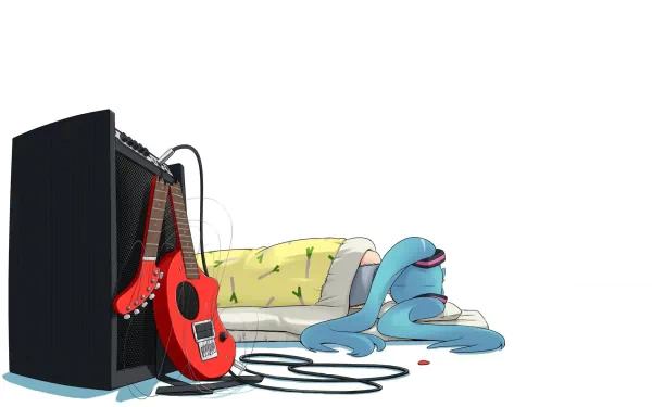 A vibrant HD wallpaper featuring a blue, anime-style character lounging beside a guitar and amp, evoking a musical vibe reminiscent of Hatsune Miku and Vocaloid aesthetics.