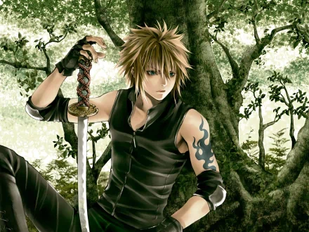 A HD desktop wallpaper featuring an anime character from Final Fantasy holding a katana, set in a lush forest background.