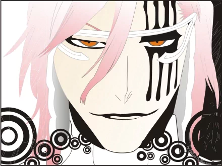 HD desktop wallpaper featuring Szayelaporro Granz from the anime Bleach. The image showcases his distinctive facial markings and pink hair, set against a visually striking background.