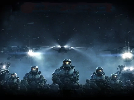 HD desktop wallpaper featuring Halo warriors in combat gear, flanked by futuristic vehicles, under dramatic lighting in a battlefield scene.