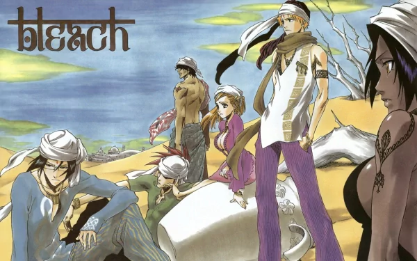 HD desktop wallpaper featuring Yoruichi Shihôin, Yasutora Sado, Uryu Ishida, Orihime Inoue, and Ichigo Kurosaki from the anime Bleach, set in a desert landscape.