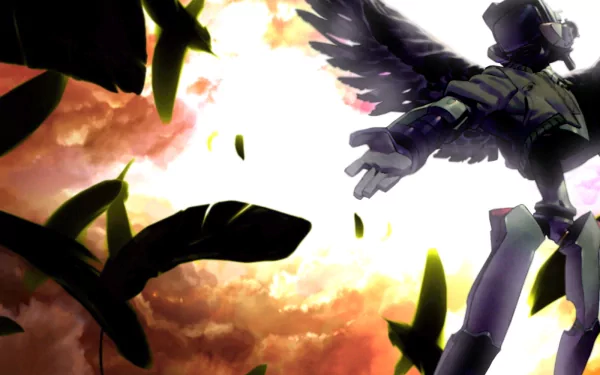 An HD desktop wallpaper featuring striking imagery from the anime FLCL, showcasing a figure with wings amidst a dramatic sky and floating feathers.