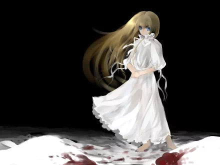 Anime-style woman in a flowing white dress stands on snow against a dark background, captured in HD for a striking PC desktop wallpaper.