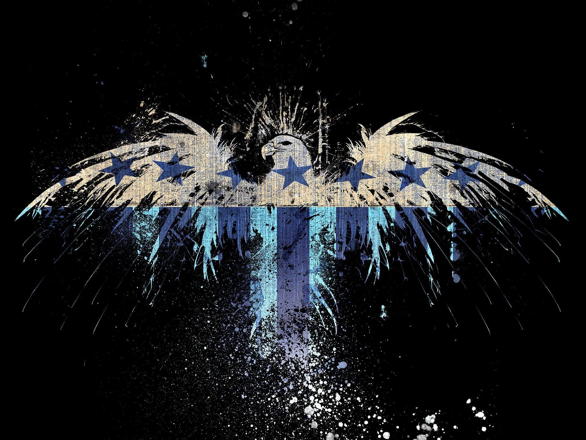 An artistic representation of an eagle with an American flag theme, featuring stars and blue accents against a dark, textured background. This HD wallpaper captures a patriotic vibe.