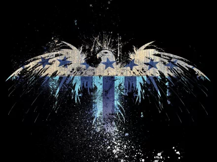 An artistic representation of an eagle with an American flag theme, featuring stars and blue accents against a dark, textured background. This HD wallpaper captures a patriotic vibe.