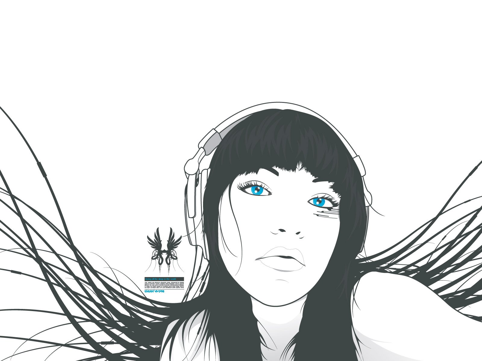 Artistic HD desktop wallpaper featuring a woman with striking blue eyes, headphones, and flowing hair, embodying a modern, creative aesthetic.