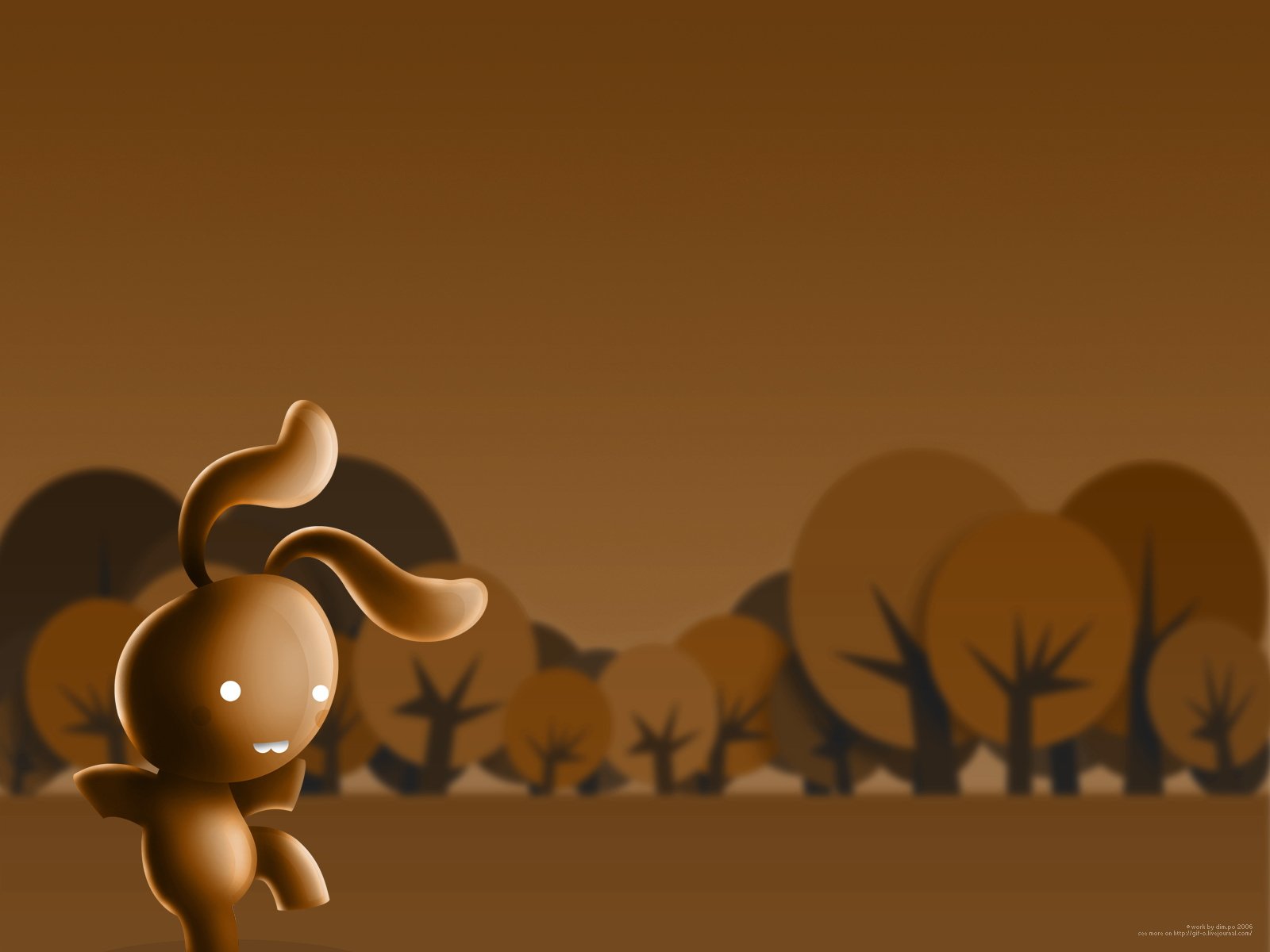 A whimsical brown rabbit character stands in a stylized forest backdrop, featuring rounded trees and a warm color palette; an engaging HD PC desktop wallpaper.