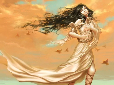 A fantasy-themed HD desktop wallpaper featuring an artistic depiction of a woman holding a lyre, surrounded by a dreamy sky with flying birds.