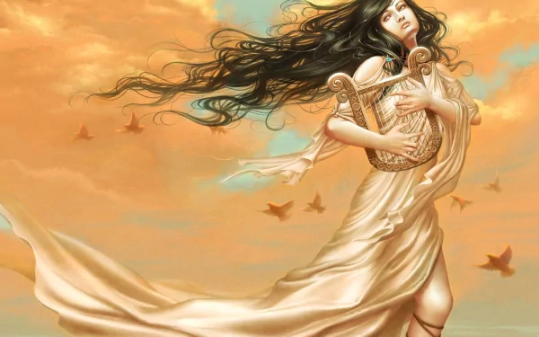 A fantasy-themed HD desktop wallpaper featuring an artistic depiction of a woman holding a lyre, surrounded by a dreamy sky with flying birds.