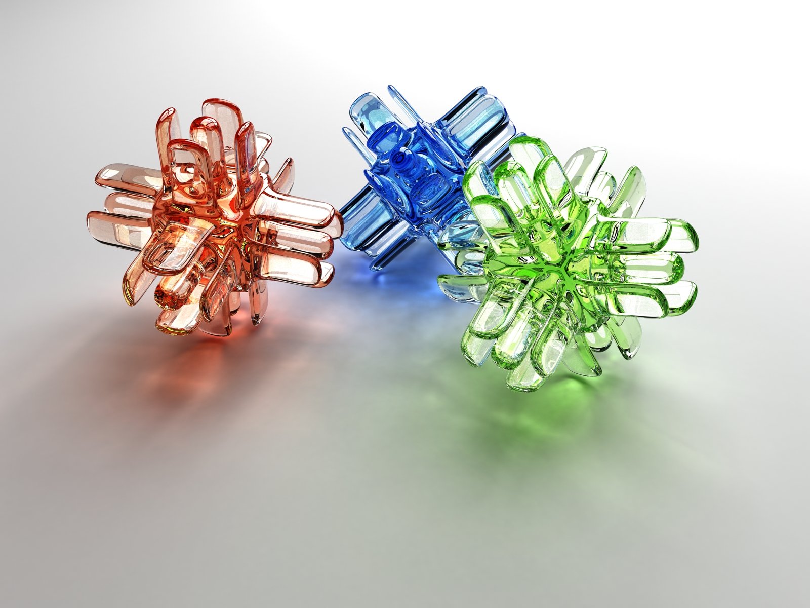 Artistic digital art featuring three transparent, interlocking geometric shapes in red, blue, and green on a clean surface, designed as an HD PC desktop wallpaper.
