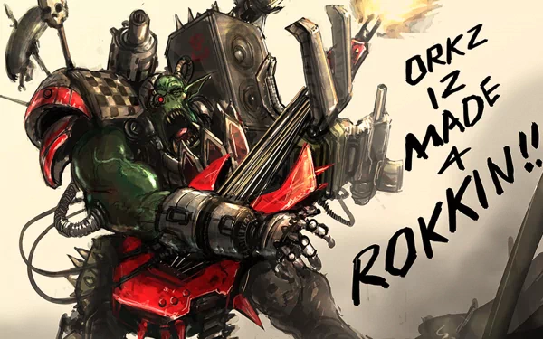 A vibrant HD wallpaper featuring an Ork from Warhammer 40k, fiercely wielding a guitar amidst explosive visuals, embodying the chaotic spirit of this iconic video game universe.