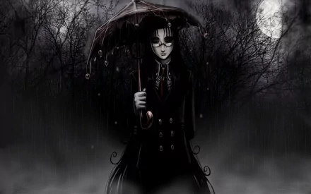 HD wallpaper and background featuring Rip Van Winkle from the anime Hellsing. The character is seen under an umbrella in a dark, misty forest with a full moon in the background.