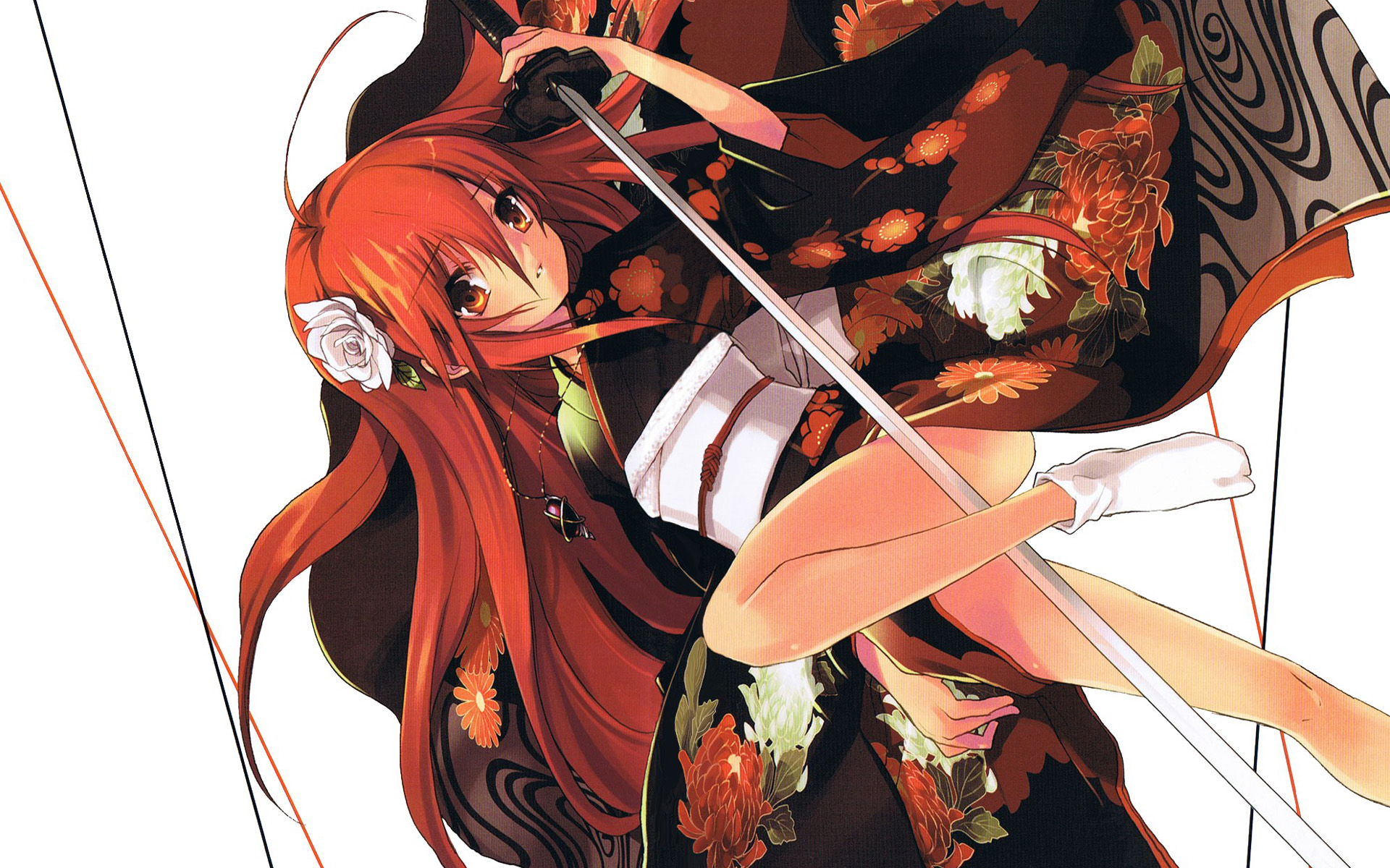 Shana from Shakugan No Shana, wearing a kimono, holding a sword, with red hair and long hair.