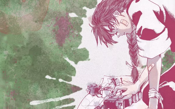 HD anime desktop wallpaper featuring Duo Maxwell from Mobile Suit Gundam Wing, depicted with detailed line art and muted green and pink tones.