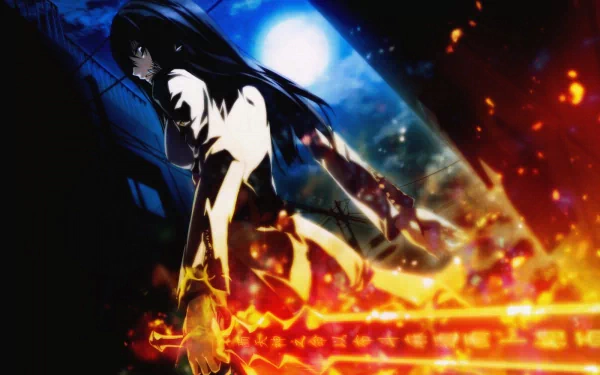 HD desktop wallpaper featuring a character from Ga-Rei: Zero, wielding a fiery sword against a night backdrop, exuding intensity and action.