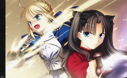 HD desktop wallpaper featuring Rin Tohsaka and Saber from the anime Fate/Stay Night. Rin stands confidently in the foreground, while Saber, with a determined look, is poised for action behind her.