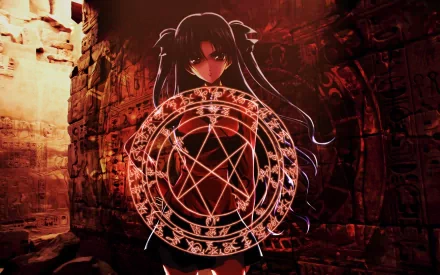 Rin Tohsaka stands confidently, surrounded by ancient ruins and an intricate magical circle, in this vibrant HD desktop wallpaper from the anime Fate/Stay Night.