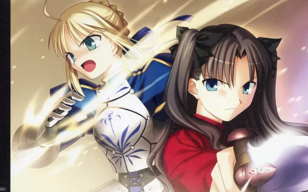 HD desktop wallpaper featuring Rin Tohsaka and Saber from the anime Fate/Stay Night. Rin stands confidently in the foreground, while Saber, with a determined look, is poised for action behind her.
