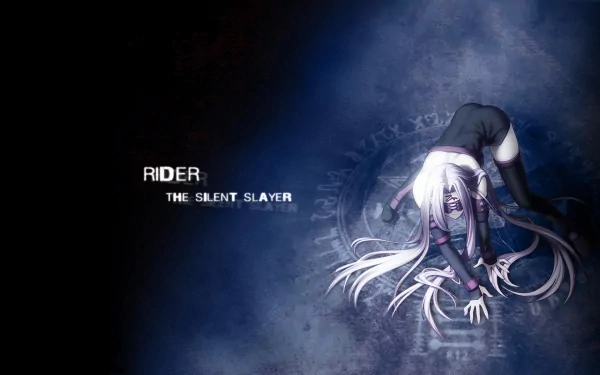 HD wallpaper featuring Rider from Fate/stay night, depicted as The Silent Slayer with striking visual elements and a dark, atmospheric background.