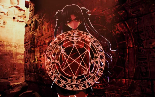 Rin Tohsaka stands confidently, surrounded by ancient ruins and an intricate magical circle, in this vibrant HD desktop wallpaper from the anime Fate/Stay Night.