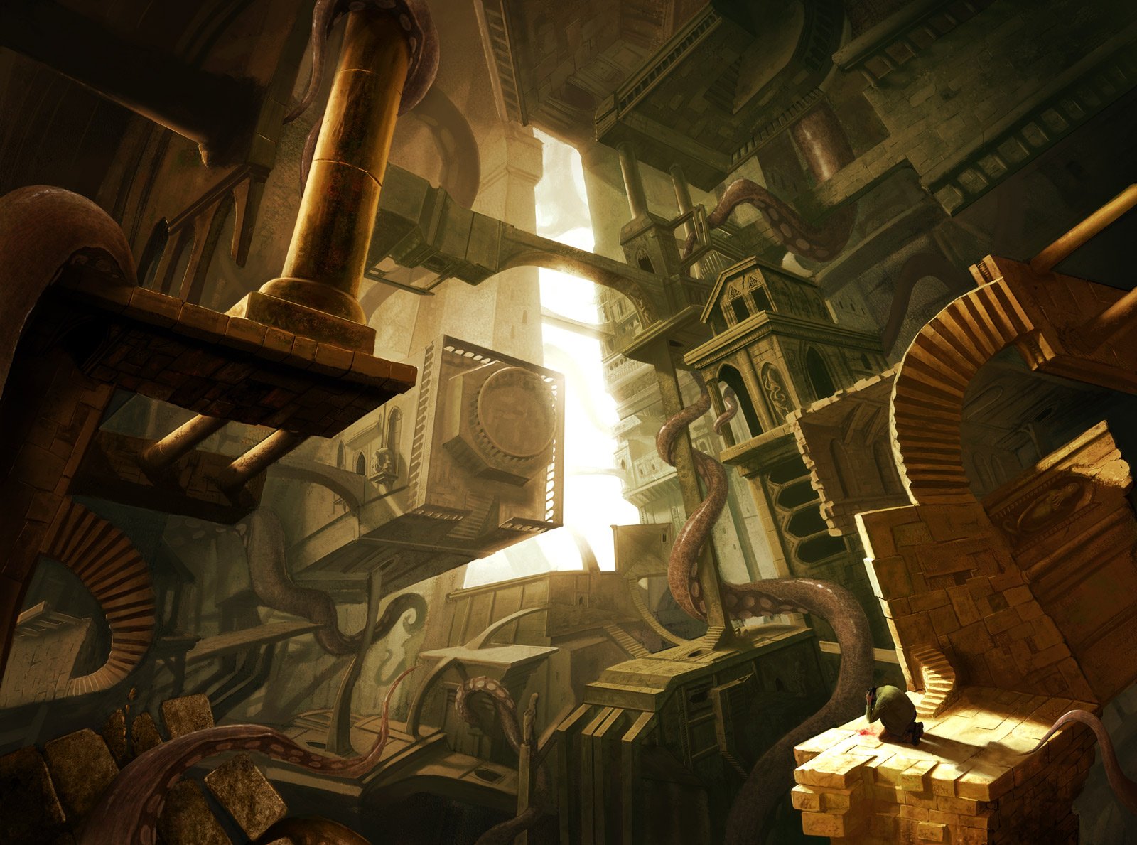 HD PC desktop wallpaper depicting a dark, eerie environment inspired by H.P. Lovecraft, featuring a mysterious creature entwined within an ancient, labyrinthine structure.