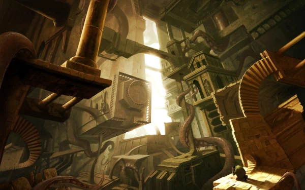 HD PC desktop wallpaper depicting a dark, eerie environment inspired by H.P. Lovecraft, featuring a mysterious creature entwined within an ancient, labyrinthine structure.