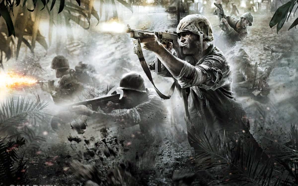 A dynamic HD wallpaper featuring intense action from Call of Duty, showcasing soldiers in a battle setting amidst a dense jungle, capturing the game's immersive combat experience.