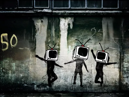 HD desktop wallpaper and background featuring Banksy’s artistic graffiti of three figures with old-fashioned TV sets for heads, set against a grungy, weathered wall.