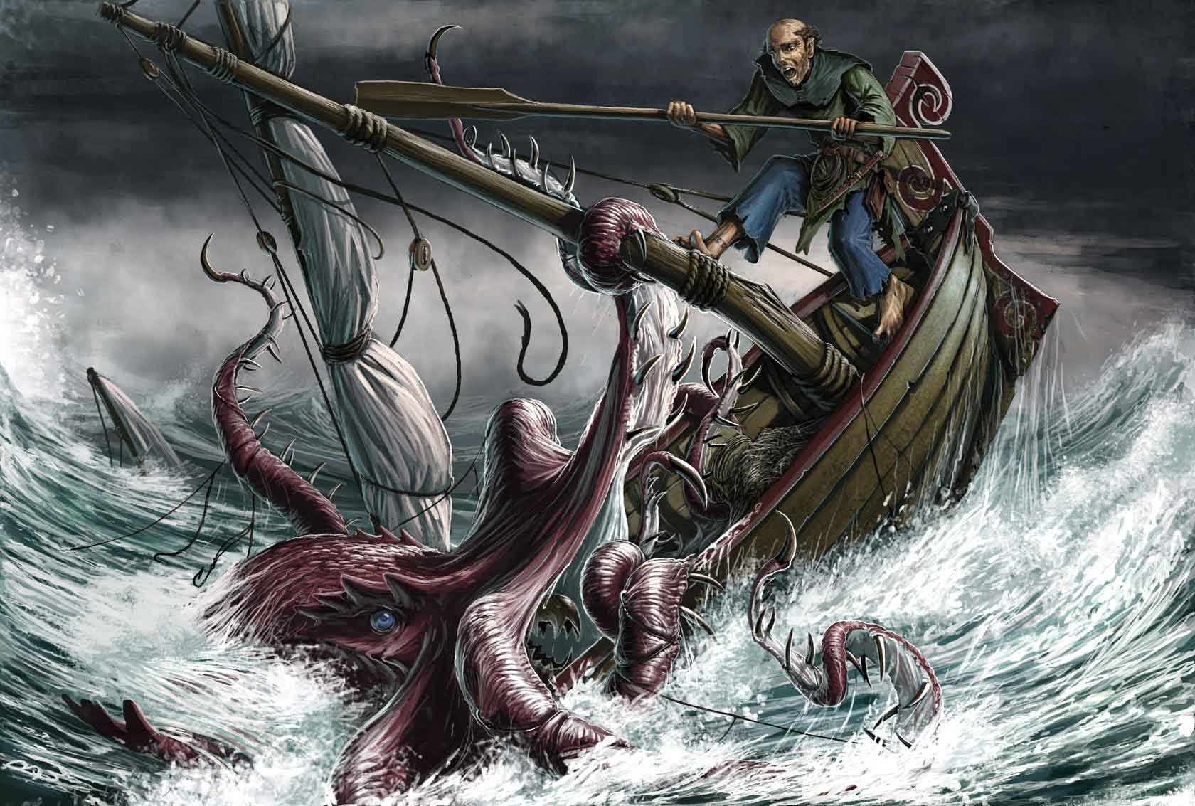 Fantasy-themed HD PC desktop wallpaper depicting a fierce sea monster attacking a small wooden ship amid turbulent ocean waves.