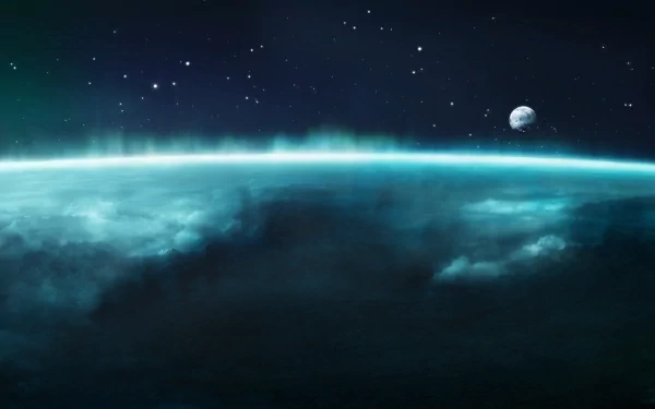 A high-definition sci-fi desktop wallpaper featuring a serene alien planet rising against a starry backdrop.