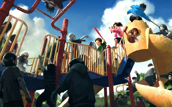 HD wallpaper showcasing a dark, eerie scene of zombies invading a playground, with children running in fear under a bright, blue sky with fluffy clouds in the background.