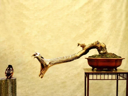 HD desktop wallpaper featuring a bird perched on a log next to a bonsai tree with a snake skin draped over its branch. The background is a soft, neutral beige.