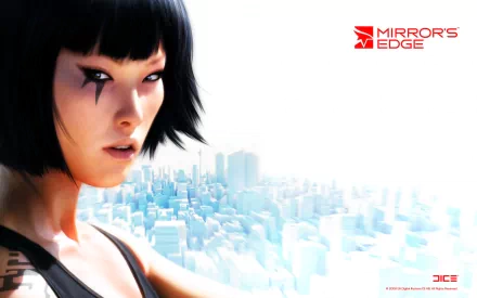 HD desktop wallpaper featuring a CGI character with a tattoo from the video game Mirror's Edge, set against a futuristic cityscape background. Mirrow's Edge logo is visible in the top right corner.