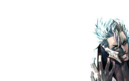 HD desktop wallpaper featuring Grimmjow Jaegerjaquez from the anime Bleach, showcasing his intense expression and blue hair with a minimalistic white background.