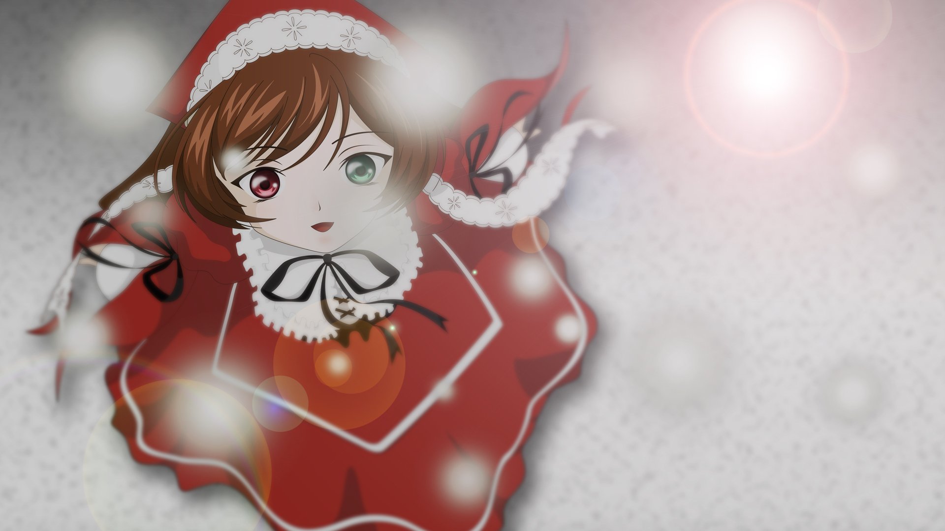 HD PC desktop wallpaper of Suiseiseki (Rozen Maiden): anime girl in a red hooded cloak with heterochromatic eyes, floating snowflakes and soft bokeh light.
