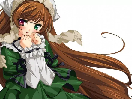 HD anime desktop wallpaper featuring Suiseiseki from Rozen Maiden, showcasing her distinctive heterochromatic eyes and detailed green dress.