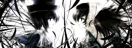 A dynamic HD wallpaper featuring Souseiseki and Suiseiseki from the anime Rozen Maiden, showcasing their distinct designs and striking expressions against a contrasting background.