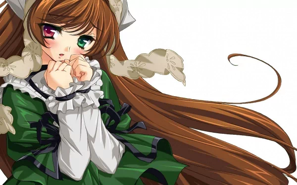 HD anime desktop wallpaper featuring Suiseiseki from Rozen Maiden, showcasing her distinctive heterochromatic eyes and detailed green dress.