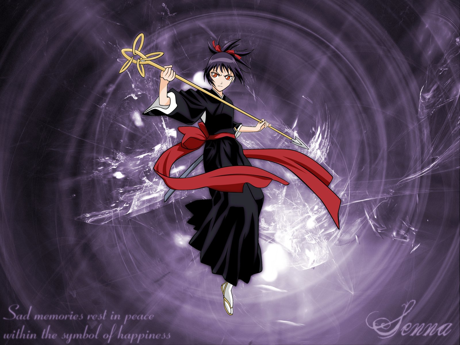 A dynamic HD wallpaper featuring Senna from the anime Bleach, depicted in a striking pose with a staff, set against a swirling purple background.