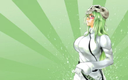 HD desktop wallpaper featuring Nelliel Tu Odelschwanck from the anime Bleach, with a green background and light rays emanating from the center.