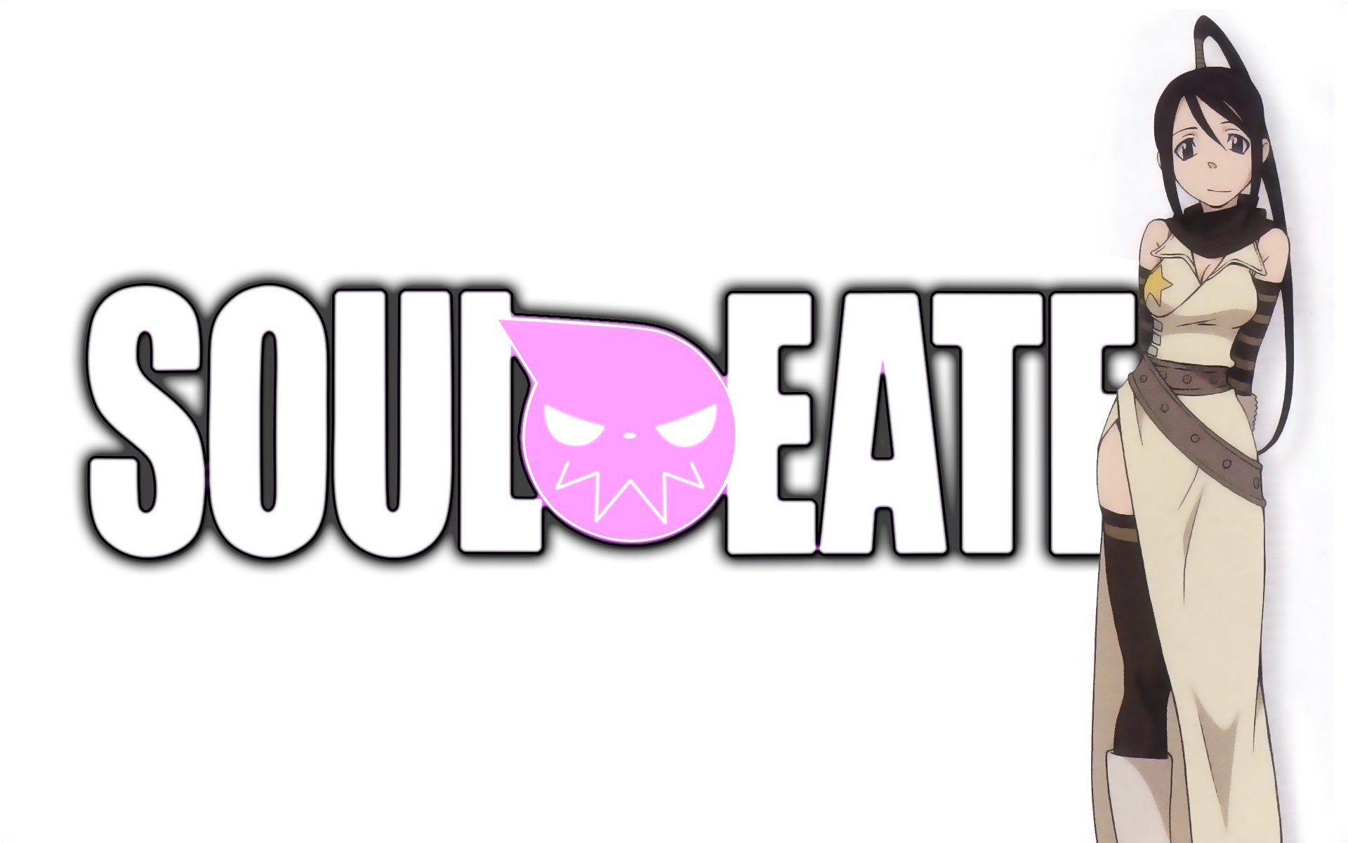 HD desktop wallpaper featuring Soul Eater text with a character from the anime standing on the right side, against a white background.