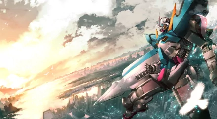 HD anime desktop wallpaper and background featuring a Gundam mecha against a dramatic cityscape at sunset.